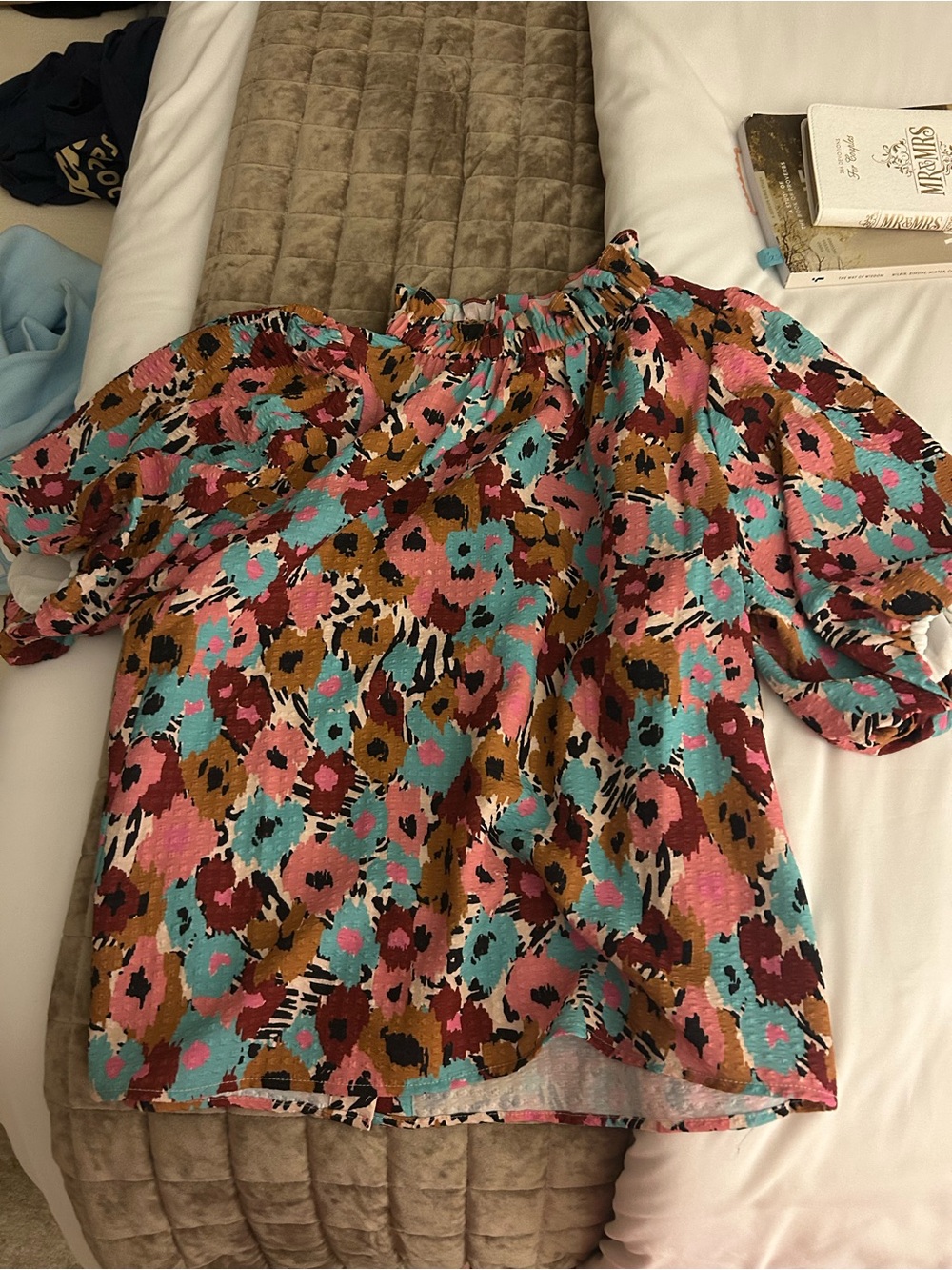 THML Multicolor Off-Shoulder Puff Sleeve Blouse — Pink, Teal & Mustard
